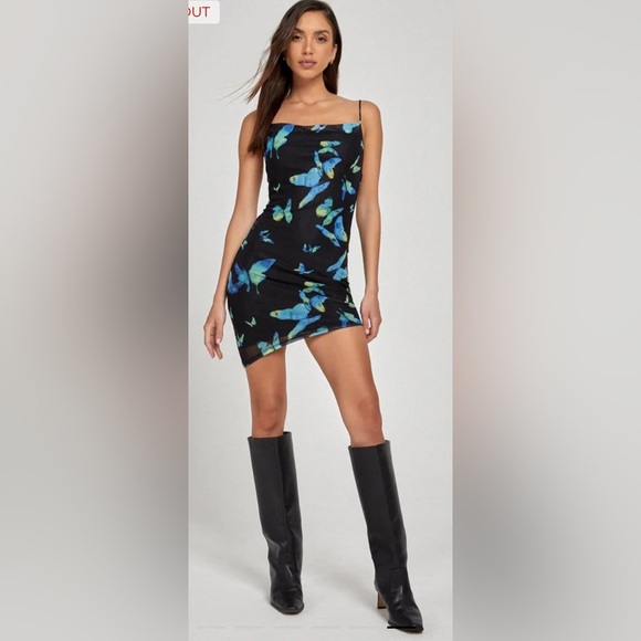 MOTEL Batia Bodycon Dress In Butterfly Watercolour Black Sz Small EUC - Picture 1 of 10